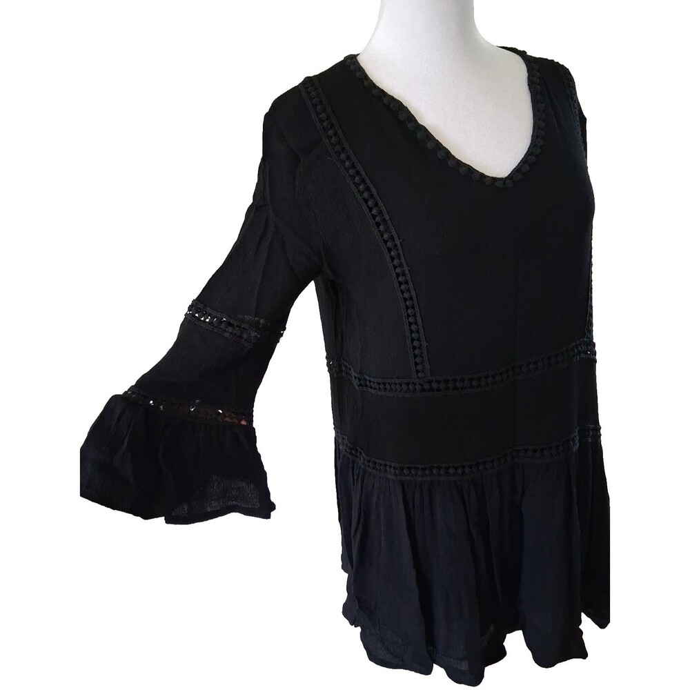 Boho Peasant Gauze Tunic Shirt XL Solid Black Flare Sleeve Goth Whimsygoth Flowy